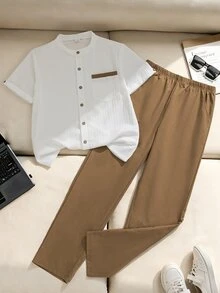 Teenage Boys White Textured Fabric Shirt Set, Summer Matching Contrast Color Pocket Trim Design Cute Streetwear Sixth Form Gift Black - Khaki - View 5