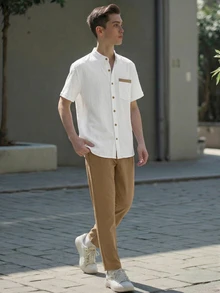 Teenage Boys White Textured Fabric Shirt Set, Summer Matching Contrast Color Pocket Trim Design Cute Streetwear Sixth Form Gift Black - Khaki - View 4