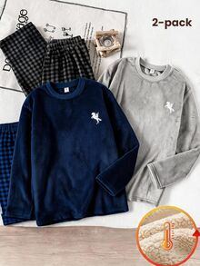 Teen Boys Pajamas, Autumn/Winter Crew Neck Long Sleeve Gray Glow-In-The-Dark Game Console Plush Pants & Long Sleeve 2 Pieces Set, Glows In The Dark, Suitable For Daily Home Wear - Multicolor - View 2