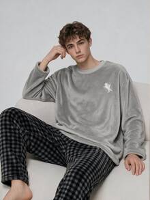 Teen Boys Pajamas, Autumn/Winter Crew Neck Long Sleeve Gray Glow-In-The-Dark Game Console Plush Pants & Long Sleeve 2 Pieces Set, Glows In The Dark, Suitable For Daily Home Wear - Multicolor - View 6
