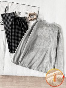Teen Boys Pajamas, Autumn/Winter Crew Neck Long Sleeve Gray Glow-In-The-Dark Game Console Plush Pants & Long Sleeve 2 Pieces Set, Glows In The Dark, Suitable For Daily Home Wear - Multicolor - View 4