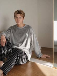Teen Boys Pajamas, Autumn/Winter Crew Neck Long Sleeve Gray Glow-In-The-Dark Game Console Plush Pants & Long Sleeve 2 Pieces Set, Glows In The Dark, Suitable For Daily Home Wear - Multicolor - View 3
