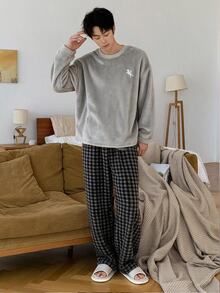 Teen Boys Pajamas, Autumn/Winter Crew Neck Long Sleeve Gray Glow-In-The-Dark Game Console Plush Pants & Long Sleeve 2 Pieces Set, Glows In The Dark, Suitable For Daily Home Wear - Multicolor - View 5