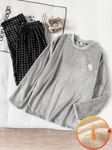 Teen Boys Pajamas, Autumn/Winter Crew Neck Long Sleeve Gray Glow-In-The-Dark Game Console Plush Pants & Long Sleeve 2 Pieces Set, Glows In The Dark, Suitable For Daily Home Wear - Multicolor - View 8