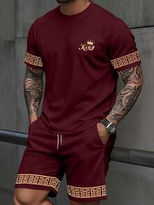 Manfinity LEGND Classic Versatile Red Men's Short Sleeve T-Shirt And Shorts Set, Gold "King" Icon Sleeve Cuff Floral Design, Mature Cool Street Style - Multicolor - View 1