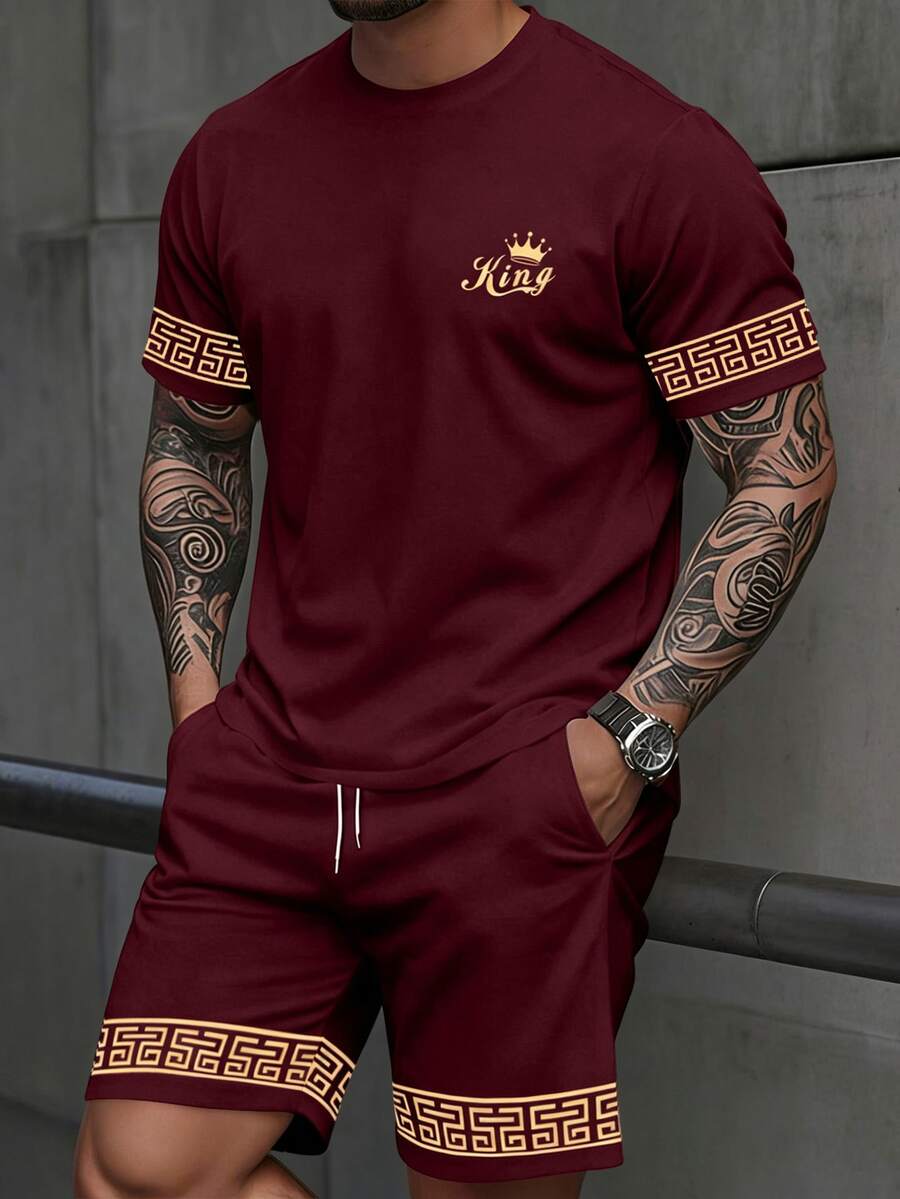 Manfinity LEGND Classic Versatile Red Men's Short Sleeve T-Shirt And Shorts Set, Gold "King" Icon Sleeve Cuff Floral Design, Mature Cool Street Style - Multicolor - View 1