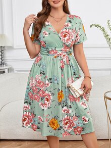 SHEIN Clasi 大码女式裹身 V 领、收腰印花 A 字形连衣裙，带口袋，适合夏季穿着 - 彩色 - 查看 6
