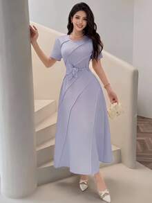 Feyla 女士优雅纹理圆领短袖连衣裙，夏季 - 紫色 - 查看 2