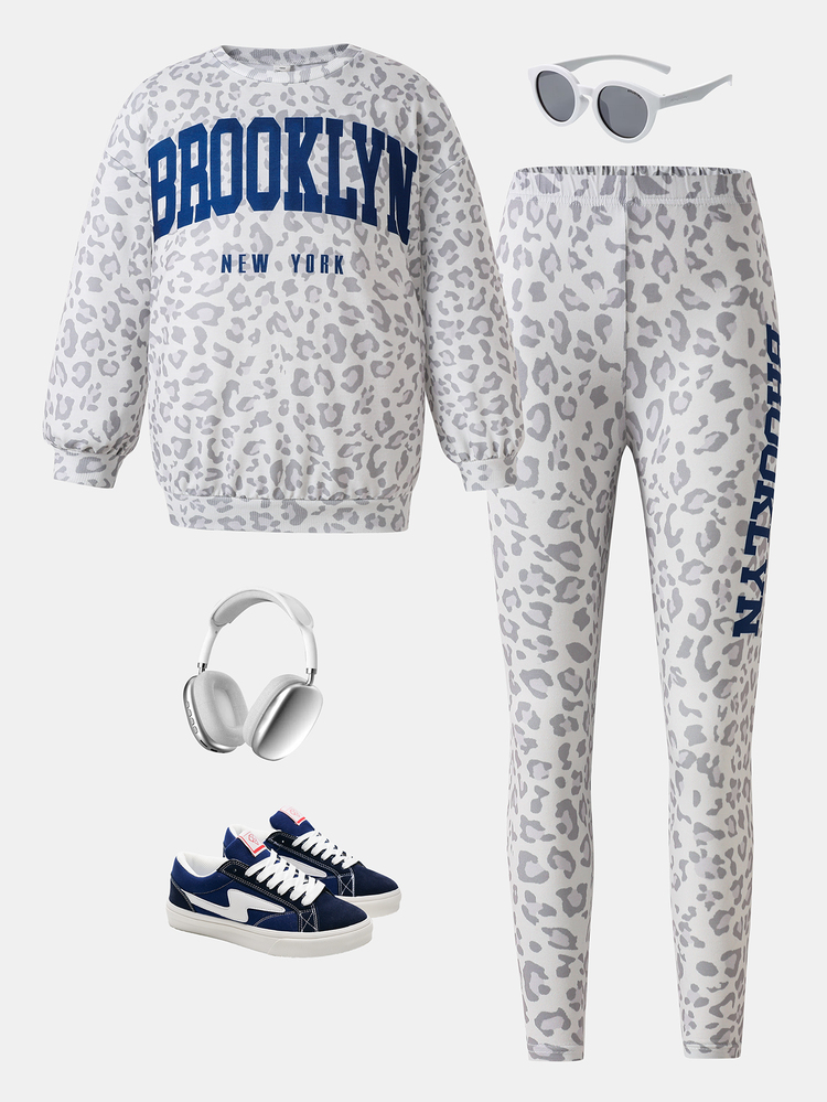 SHEIN Kids Tween Girl Letter Print Leopard Print Long Sleeve Sweatshirt And Leggings Set - Multicolor - View 5