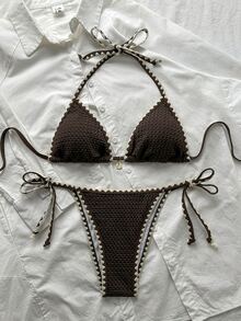 Costavie 女士纯色提花面料荷叶边系带比基尼套装两件套泳衣，夏季 - 咖啡棕 - 查看 5