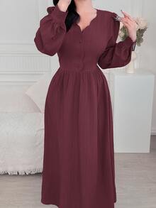 Feyla 女款純色V領前開鈕扣優雅端莊長袖洋裝，適合早午餐與茶會，酒紅色，秋季款 - 藕粉色 - 查看 5