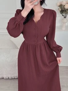 Feyla 女款純色V領前開鈕扣優雅端莊長袖洋裝，適合早午餐與茶會，酒紅色，秋季款 - 藕粉色 - 查看 8