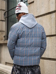 Manfinity Roghcode 休閒男士格紋拉鍊冬季填充外套，寬鬆短版抽繩下擺絎縫外套，適合都市日常穿著與週末出遊 - 綠色 - 查看 2