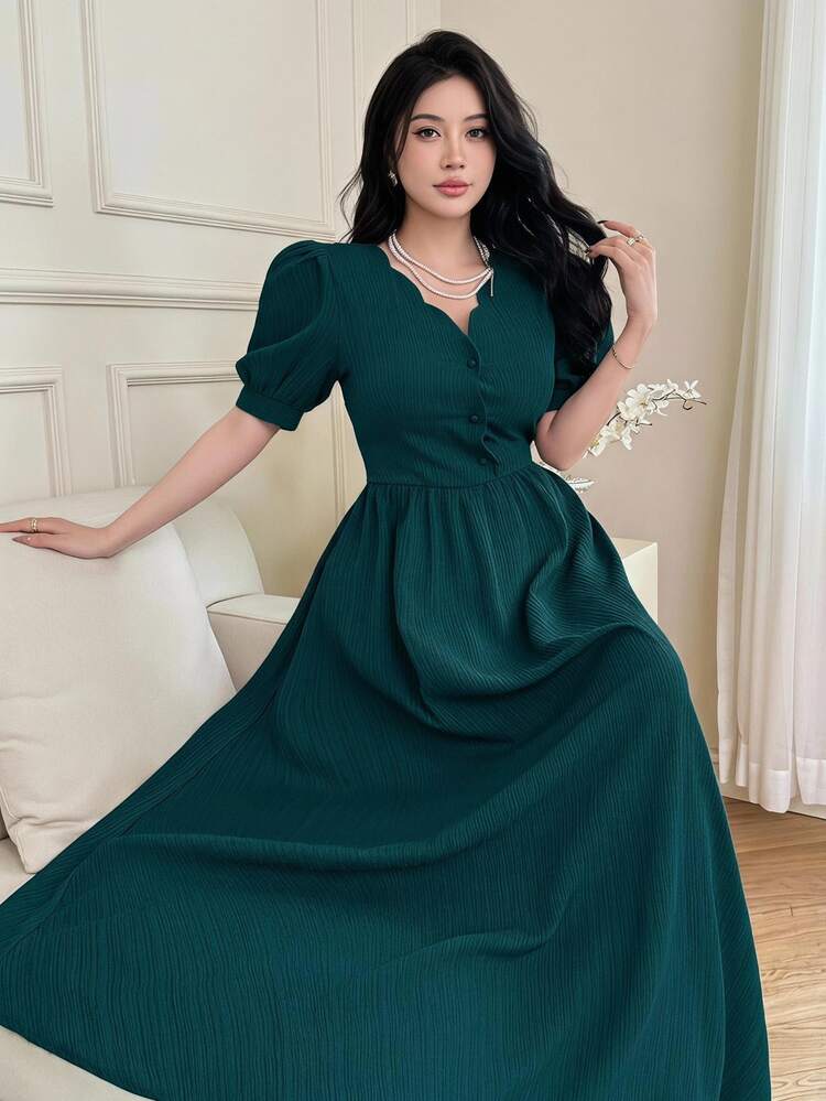 Feyla Women's Solid Color V-Neck Ruffle Sleeve Elegant French Long Dress Everyday High Tea Date Dark Teal Summer - Lake Blue - View 1