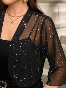 Reflora Chaqueta corta elegante de mujer talla grande con pedrería y transparencia para carnaval, otoño, invierno, boda formal, invitada y fiesta, color negro - Negro - Ver 5