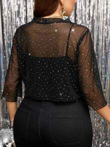 Reflora Chaqueta corta elegante de mujer talla grande con pedrería y transparencia para carnaval, otoño, invierno, boda formal, invitada y fiesta, color negro - Negro - Ver 4