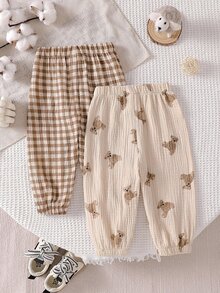 Vintaside Kids 2pcs Toddler Boys' Cute Plaid & Teddy Bear Print Pants Set Fall Winter - Multicolor - View 3