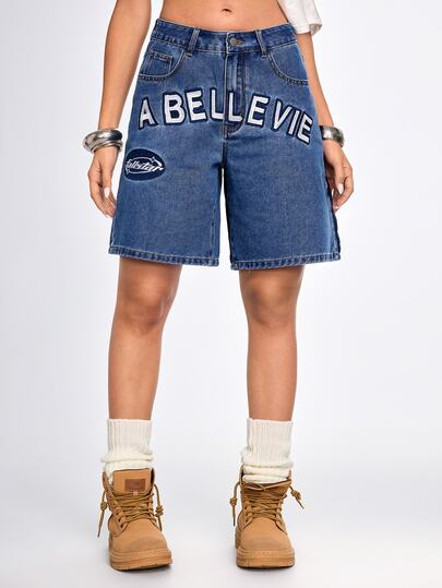 Street Life Women's Denim Shorts Patchwork Embroidery, Mesh Splice, Letter, Boyish, Navy Blue, Racing, Streetlife Everyday Going Out Summer Casual Street