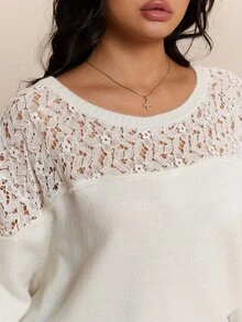 CovetEZ Autumn/Winter New Lace Patchwork Long Sleeve Casual Plus Size Sweater For Girls - White - View 8
