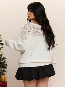 CovetEZ Autumn/Winter New Lace Patchwork Long Sleeve Casual Plus Size Sweater For Girls - White - View 2