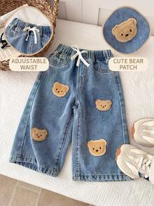Baby Boy Stretchable Drawstring And Cute Little Bear Pattern Design Of Comfortable And Loose Jeans - Blue - View 7