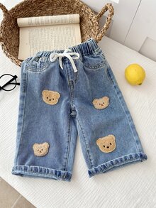 Baby Boy Stretchable Drawstring And Cute Little Bear Pattern Design Of Comfortable And Loose Jeans - Blue - View 4