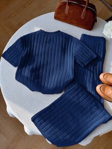 Comfortcana 女款純色圓領短袖上衣與休閒寬鬆針織長褲套裝 - 藏蓝色 - 查看 4