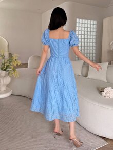 Feyla 女款方領百褶休閒鄉村風浪漫派對野餐度假旅行連身裙 淺藍色 夏季 - 藍色 - 查看 2