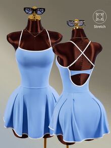 Amplova Women's Colorblock Back Cross Design Spaghetti Strap Sports Dress With Shorts - Blue - View 6