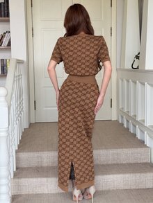 Feyla Women's Button Short Sleeve Knit Top And Fitted Long Skirt Sexy Elegant Set Dinner Date Birthday Brown Autumn - Brown - View 4