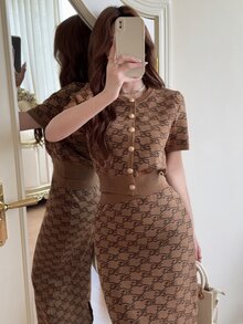 Feyla Women's Button Short Sleeve Knit Top And Fitted Long Skirt Sexy Elegant Set Dinner Date Birthday Brown Autumn - Brown - View 5