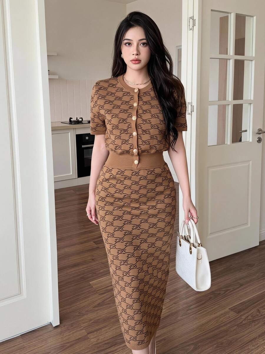 Feyla Women's Button Short Sleeve Knit Top And Fitted Long Skirt Sexy Elegant Set Dinner Date Birthday Brown Autumn - Brown - View 1