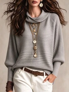 Penseblé Women's Solid Color Casual Versatile Daily Wear Long Sleeve Sweater - Grey - View 2
