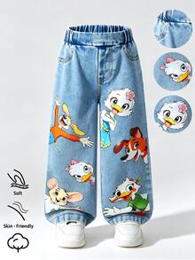 SHEIN Elladie kids Young Girls Cartoon Denim Vintage Cowgirl Jeans, Baby Blue Summer - Blue - View 2