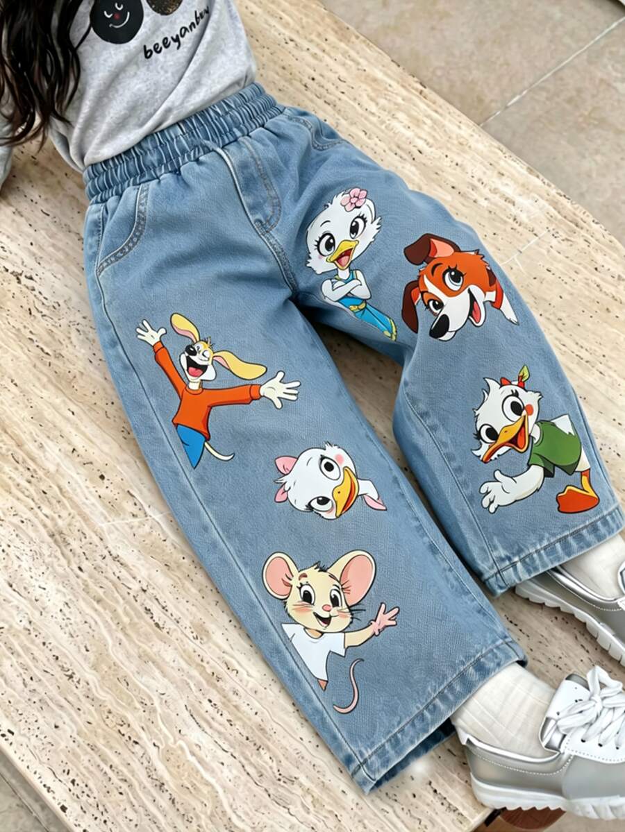 SHEIN Elladie kids Young Girls Cartoon Denim Vintage Cowgirl Jeans, Baby Blue Summer - Blue - View 1