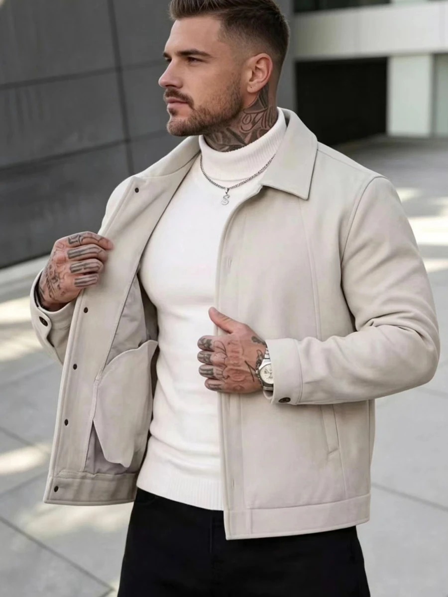 Manfinity Homme Men's Casual Fashion Loose Long Sleeve Woolen Jacket, Essential For Outings, Perfect Gift For Family And Friends - Apricot - View 1