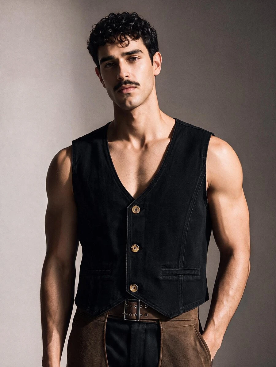 FeverCity Men's Casual Versatile Black Vest - Black - View 1