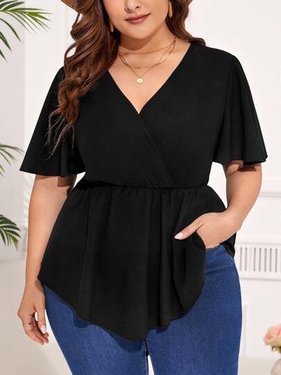 SHEIN Clasi Plus Solid Surplice Front Peplum Blouse
