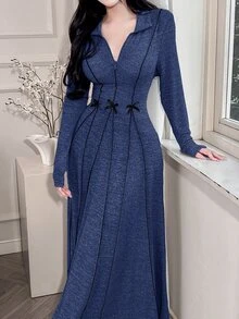 Feyla Gaun Kaftan Kasual Lengan Panjang Wanita dengan Hiasan Pita - Biru - View 4
