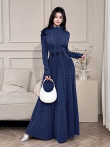 Feyla Gaun Kaftan Kasual Lengan Panjang Wanita dengan Hiasan Pita - Biru - View 3