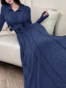 Feyla Gaun Kaftan Kasual Lengan Panjang Wanita dengan Hiasan Pita - Biru - View 5