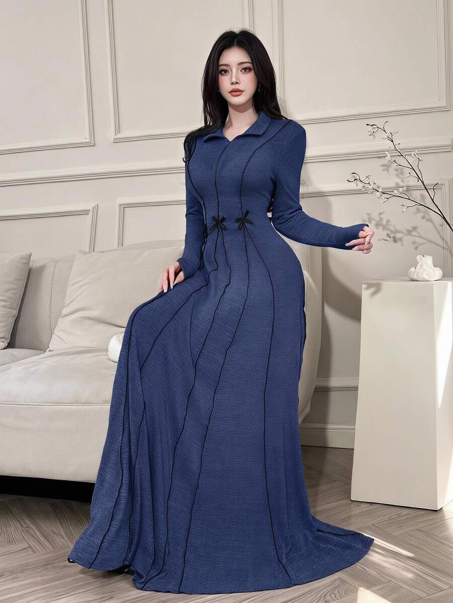 Feyla Gaun Kaftan Kasual Lengan Panjang Wanita dengan Hiasan Pita - Biru - View 1