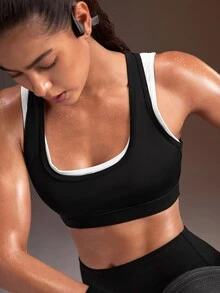 Powerista Bra Olahraga Wanita Kasual dengan Desain Blok Warna untuk Yoga dan Kebugaran - Hitam dan Putih - View 7