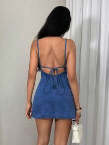 TRNVIE Elastic Strap Backless Denim Dress,Fall/Winter,New Year Outfit - Dark Wash - View 2