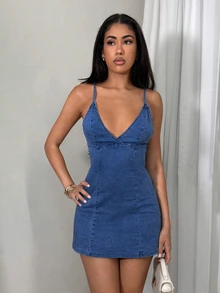 TRNVIE Elastic Strap Backless Denim Dress,Fall/Winter,New Year Outfit - Dark Wash - View 5
