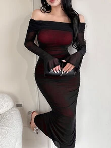 Feyla Women's Elegant Off Shoulder Mesh Dress - Burgundy - View 4