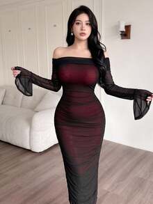 Feyla Women's Elegant Off Shoulder Mesh Dress - Burgundy - View 2