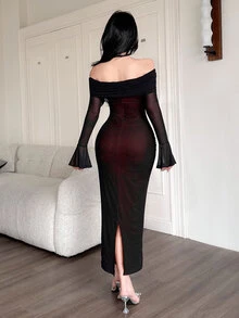 Feyla Women's Elegant Off Shoulder Mesh Dress - Burgundy - View 5