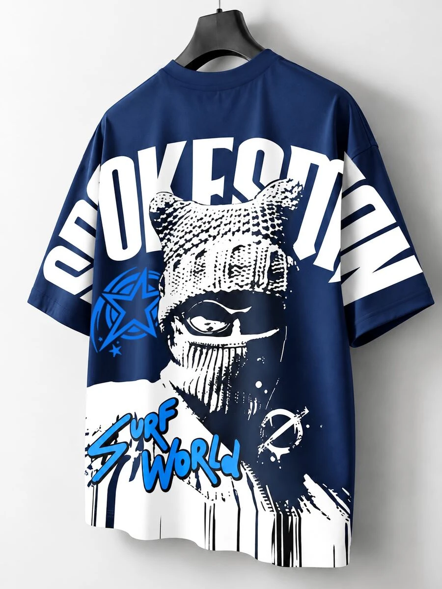 Manfinity EMRG Men's Street Portrait Letter Print Short Sleeve T-Shirt, Hip-Hop Style Masked Man Graphic Short Sleeve Tee, Summer, Streetwear Ready - Blue - View 1