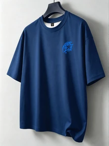 Manfinity EMRG 男士街頭肖像字母印花短袖T恤，嘻哈風蒙面男子圖案短袖上衣，夏季街頭穿搭款 - 藍色 - 查看 3